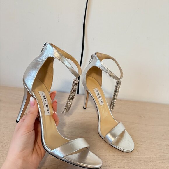 Jimmy Choo Viola 100 Sandals Metallic Silver Crystal Tassel Ankle Strap Sz 41.5 - Picture 4 of 14